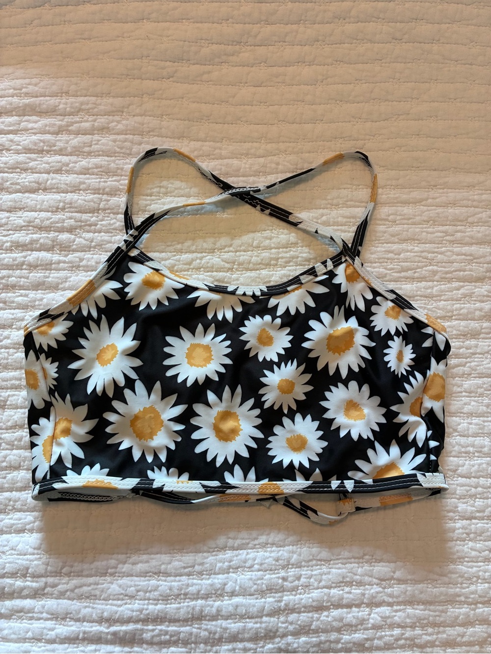 Zaful Black Daisy Crop Bikini Top with White & Yellow Floral Pattern